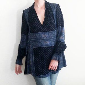 Free People Paisley Long Line Tunic Blouse Blue